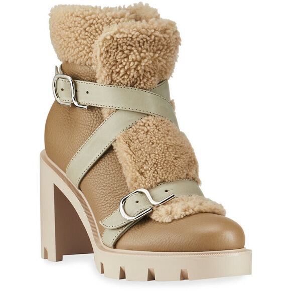 Christian Louboutin Pole Chic 70 Champignon Leather Shearling Combat Boot 39 - Picture 1 of 9
